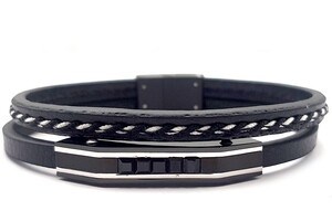 ​​Welch Mens Black Steel Leather Bracelet