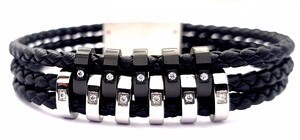 ​​​​Welch Steel Mens Black Leather Bracelet with Stone