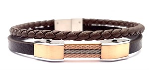 ​​Welch Mens Brown Steel Rope Leather Bracelet