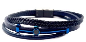 ​​Welch Mens Steel Leather Navy Blue Combination Bracelet