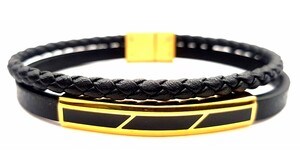 ​​​​​​​Welch Mens Steel Black Leather Bracelet
