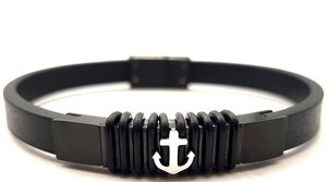 ​​​​​Welch Mens Steel Black Leather Anchor Bracelet