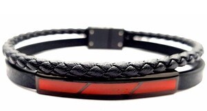 ​​​​​​​Welch Mens Steel Black Red Leather Bracelet