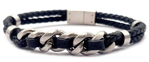 ​​Welch Mens Steel Chain Leather Bracelet