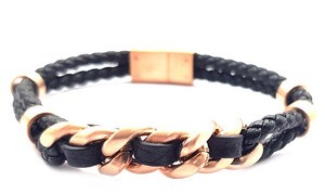 ​​Welch Mens Steel Chain Leather Bracelet