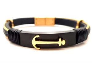 ​​​​Welch Mens Gold Steel Anchor Leather Bracelet