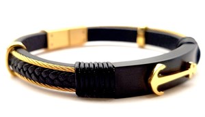 ​​​​Welch Mens Gold Steel Anchor Leather Bracelet