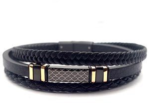 ​​Welch Mens Black Steel Leather Bracelet