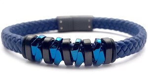 Welch Mens Navy Blue Steel Leather Bracelet