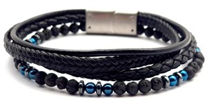 Welch Steel Mens Blue Bead Leather Bracelet