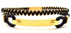 Welch Mens Gold Steel Bead Leather Bracelet