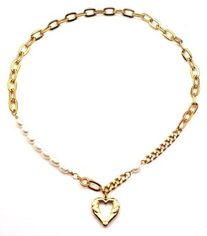 Welch Gold Steel Heart Pearl Necklace