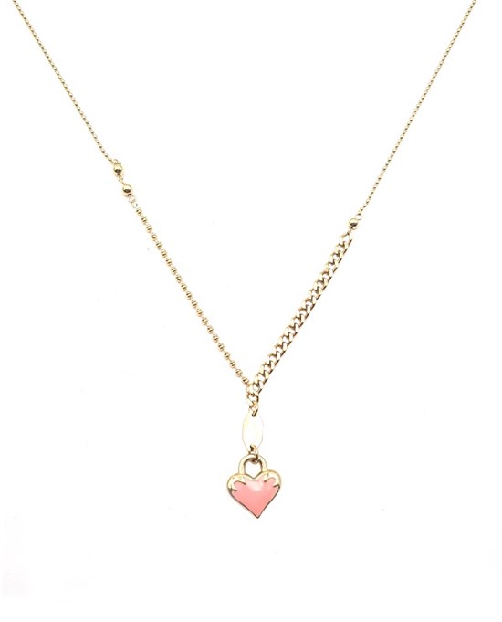 Welch Gold Steel Heart Pink Enamel Necklace