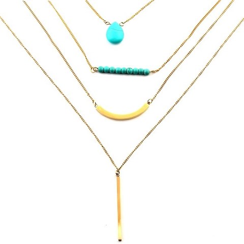 Welch Gold Turquoise Beaded Multiple Women's Steel Necklace